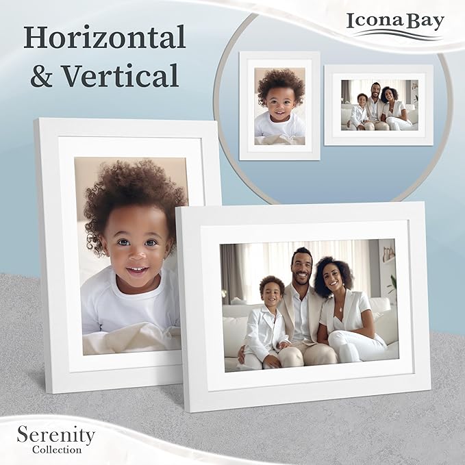Icona Bay 5x7 Picture Frames w/Removable Mat for 4x6 Photos (White, 10 Pack), Sleek Modern Style Frames, Table Top or Wall Mount, Serenity Collection