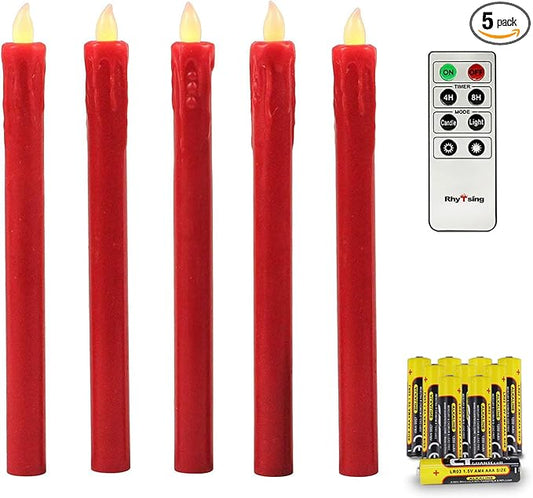 Rhytsing Red 10" Flameless Taper Candles with Timer, Battery Operated Candles, Push-Activated, Wax Drip, Warm White Light, Remote & 10 Batteries Included - Set of 5
