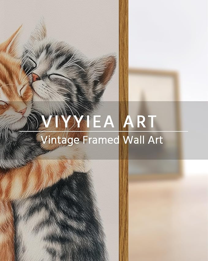 VIYYIEA Framed Canvas Wall Art Home Decor Aesthetic for Living Room, Vintage Wall Art, Framed Prints Painting Animal Artwork Bedroom Pictures Kitchen, Gifts for Friends or Family - Cat Hug, 16L x 12W