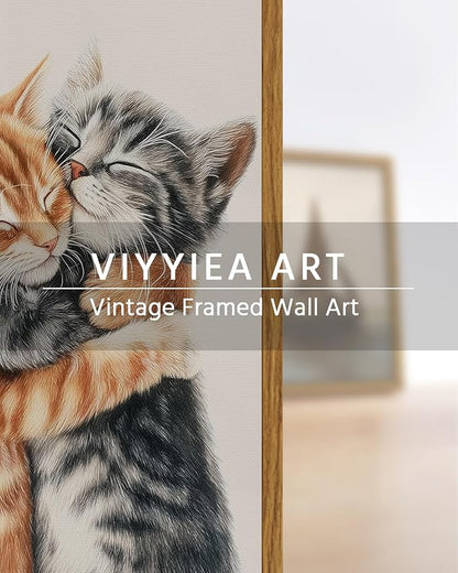 VIYYIEA Framed Canvas Wall Art Home Decor Aesthetic for Living Room, Vintage Wall Art, Framed Prints Painting Animal Artwork Bedroom Pictures Kitchen, Gifts for Friends or Family - Cat Hug, 16L x 12W