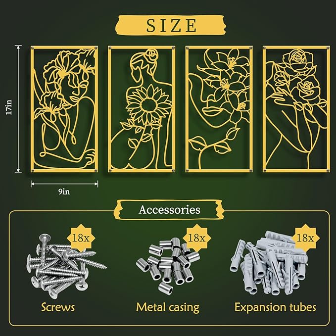 Zzbakress 4 Pcs Metal Minimalist Abstract Woman and Flower Wall Art Single Line Drawing Art Decoration Minimalist Home Hanging Wall Art Decor for Bedroom Kitchen Bathroom Living Room (style1, Gold)