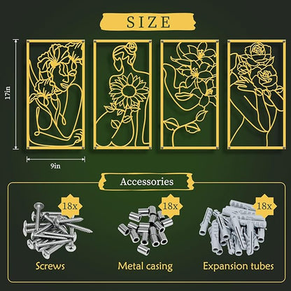 Zzbakress 4 Pcs Metal Minimalist Abstract Woman and Flower Wall Art Single Line Drawing Art Decoration Minimalist Home Hanging Wall Art Decor for Bedroom Kitchen Bathroom Living Room (style1, Gold)
