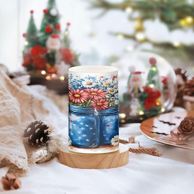 Patriotic Red Blue Flowers Vase American Flag5 Flickering Flameless Candles Battery Operated with Remote Timer,Tea Light Candles LED Pillar Votive Candles set of 2 for Outdoor Indoor Decorations