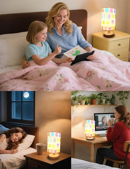 Kids Lamps for Bedrooms Girls, Cartoon Alphabet Table Lamp 3 Color Changing LED Night Light with 9 Brightness Levels Wood Nightstand Desk Base Flaxen Fabric Shade for Bedroom Living Room