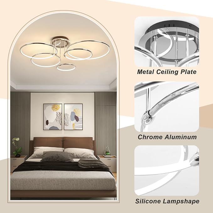 CANEOE Modern Ceiling Light Fixture,Chrome Dimmable Led Ceiling Light with Remote Control for Living Room,5 Rings Flush Mount Ceiling Lamp for Living Room Bedroom Kitchen Lighting Fixtures Ceiling
