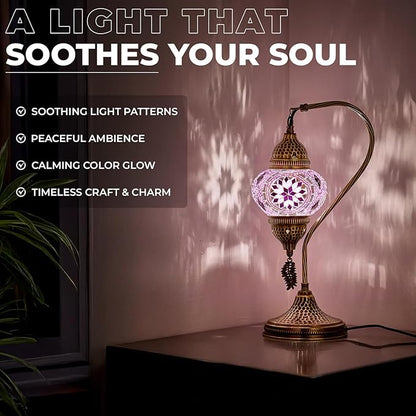 DEMMEX Turkish Moroccan Table Lamp, Swan Neck Tiffany Style Mosaic Glass Table Desk Bedside Lamp for Bedroom, Living Room – Handcrafted in Turkey, Aqua Blue