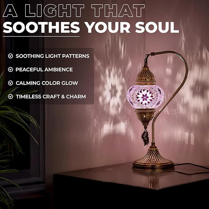 DEMMEX Turkish Moroccan Table Lamp, Swan Neck Tiffany Style Mosaic Glass Table Desk Bedside Lamp for Bedroom, Living Room – Handcrafted in Turkey, Pink