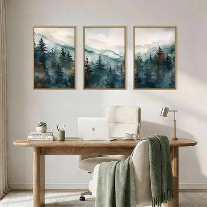 KAIRNE Watercolor Misty Forest Framed Canvas Wall Art Set, Nature Landscape Wall Decor, Foggy Mountain Pine Trees Wall Painting, Jungle Scenery Artwork for Living Room, Bedroom, Office-16 x24 x3