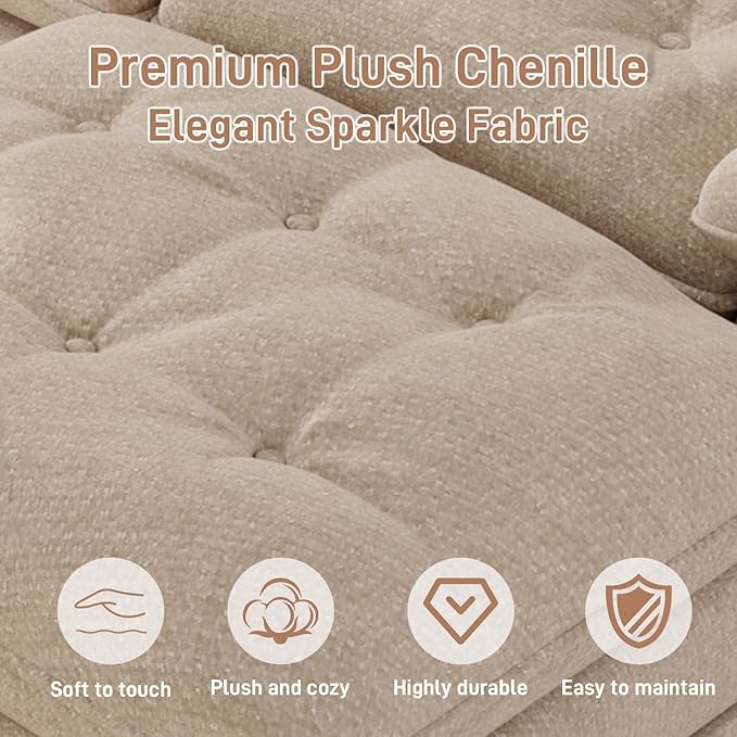 134"U Shaped Sectional Couches for Living Room, Oversized Modular Sectional Fluffy Couch with 2 Ottoman & Storage Console,Modern 6 Seat Living Room Sofa with Glitter Fabric,Tufted Buttons, Camel