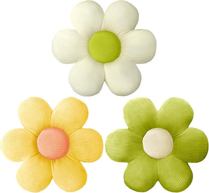 Sratte 3 Pcs Flower Pillows Flower Shaped Throw Pillows Cute Daisy Plush Pillow Decorative Floor Pillow Seat Cushion for Bedroom Home Sofa Chair Couch Decor(Green, Yellow, White,16")