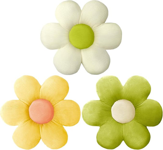 Sratte 3 Pcs Flower Pillows Flower Shaped Throw Pillows Cute Daisy Plush Pillow Decorative Floor Pillow Seat Cushion for Bedroom Home Sofa Chair Couch Decor(Green, Yellow, White,20")