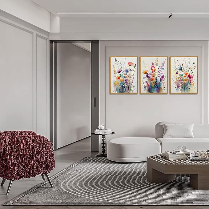 KISSFOX 3 Piece Colorful Wildflower Botanical Framed Wall Art Watercolor Floral Canvas Art Prints Boho Flower Pictures Wall Decor Modern Minimalism Paintings Artwork Girls Bedroom Living Room Bathroom
