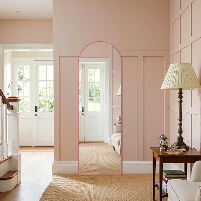 Anpark 19"x57"Arched Full Length Mirror, Full Body Mirror with Stand, Aluminum Frame for Bedroom & Hanging Leaning Modern Simple Home Decor Shatter-proorf Nano Glass Wall Living Room Cloakroom, Pink