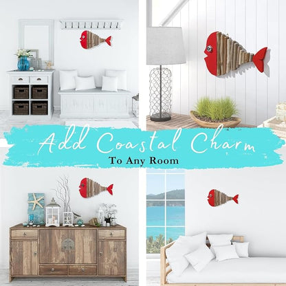 Driftwood Fish Nautical Wall Decor - Handmade Wooden Rustic Coastal Wall Art for Living Room, Bedroom, Office, Bathroom - Ocean Beach Decoration (Ruby)