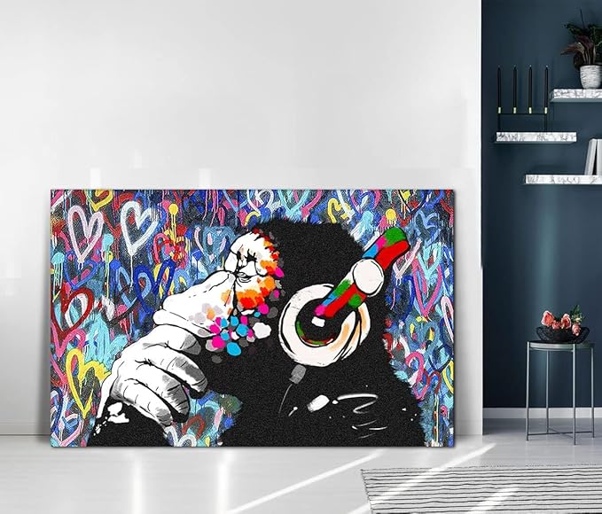 Monkey Graffiti Wall Art - Thinking Monkey Poster, Funny Picture, Painting Print on Canvas, Suitable for Home Wall Decor - Framed, Ready to Hang - 28x44inch