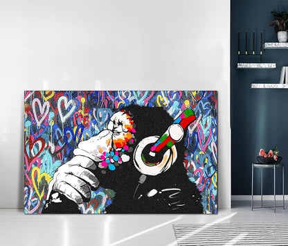 Monkey Graffiti Wall Art - Thinking Monkey Poster, Funny Picture, Painting Print on Canvas, Suitable for Home Wall Decor - Framed, Ready to Hang - 28x44inch