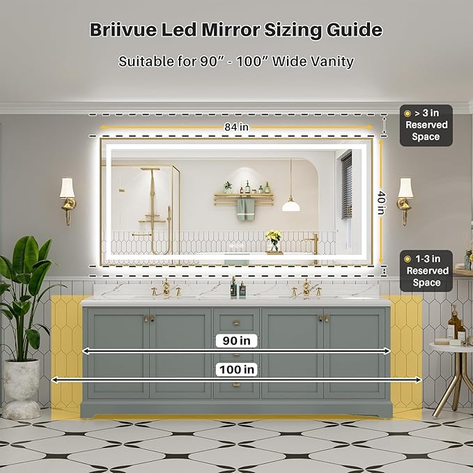 84x40 Inch LED Bathroom Mirror with Gold Frame, Backlit & Front Lit, Anti-Fog Lighted Bathroom Vanity Mirror for Wall, Memory Function, Dimmable, HD Tempered Glass, Shatter-Proof
