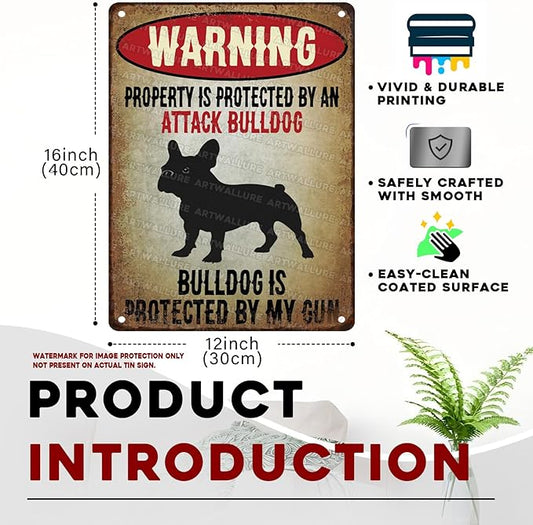 Bulldog Vintage Sign Warning Metal Sign for Wall Decor Shed Garage Man Cave Kitchen 12x16inch