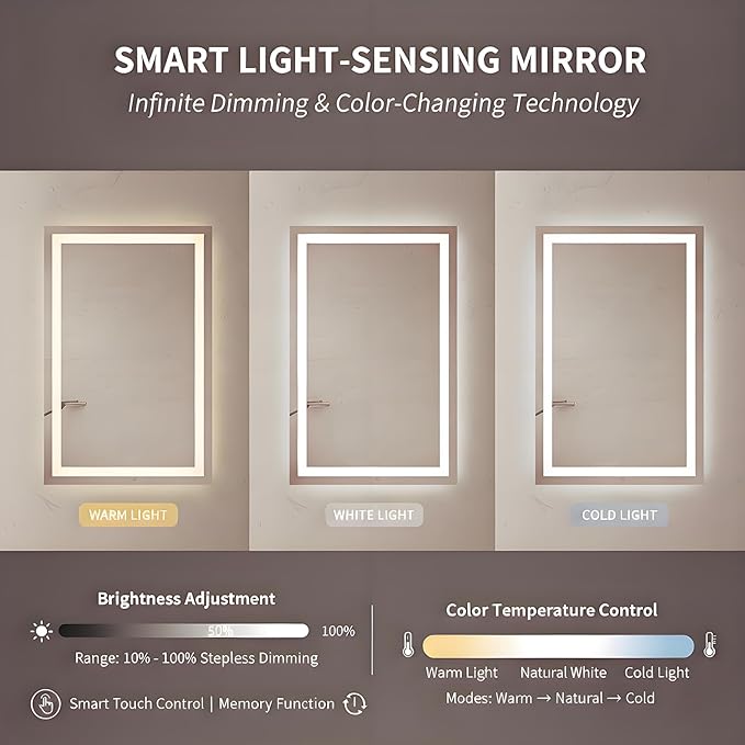 18X24 inches Rectangular LED Bathroom Mirror with Lights, Anti-Fog, Dimmable, Backlit + Front Lit, Lighted Bathroom Vanity Mirror for Wall, Memory Function, Tempered Glass, Shatter-Proof