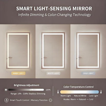 18X24 inches Rectangular LED Bathroom Mirror with Lights, Anti-Fog, Dimmable, Backlit + Front Lit, Lighted Bathroom Vanity Mirror for Wall, Memory Function, Tempered Glass, Shatter-Proof