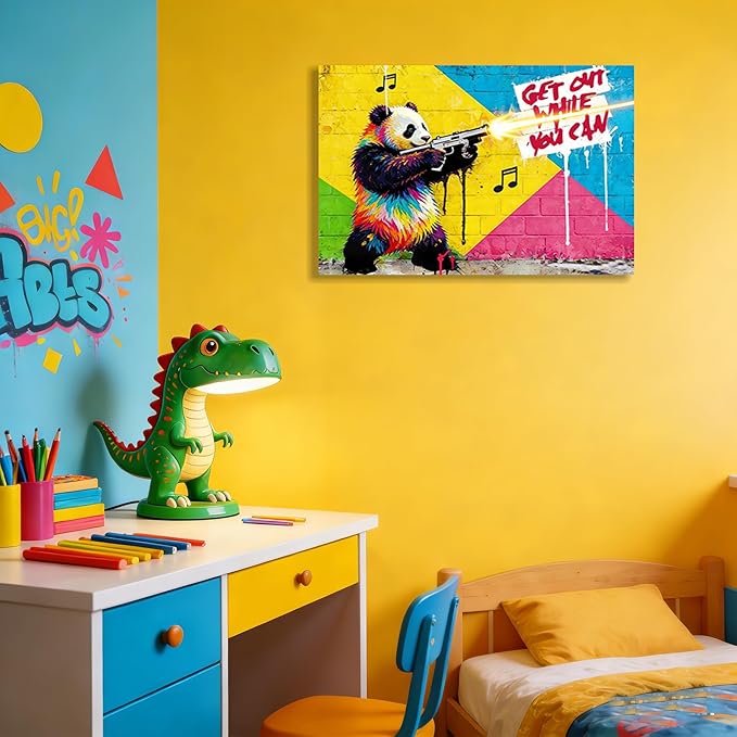 16x24 Inch Colorful Graffiti Panda with Gun Canvas Wall Art Painting- "Get Out While You Can" Street Art Print, Modern Pop Art Wall Decor Poster for Kids/Teen Boy/Child Bedroom Bathroom Living Room