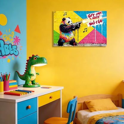 16x24 Inch Colorful Graffiti Panda with Gun Canvas Wall Art Painting- "Get Out While You Can" Street Art Print, Modern Pop Art Wall Decor Poster for Kids/Teen Boy/Child Bedroom Bathroom Living Room