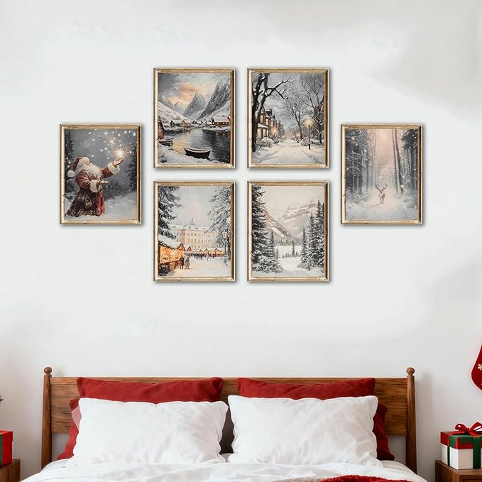 Vintage Christmas Wall Art Prints – Winter Holiday Posters with Santa, Snowy Village, Reindeer & Forest Scene, Rustic Christmas Decorations for Living Room, Bedroom & Fireplace – 8×10 Unframed
