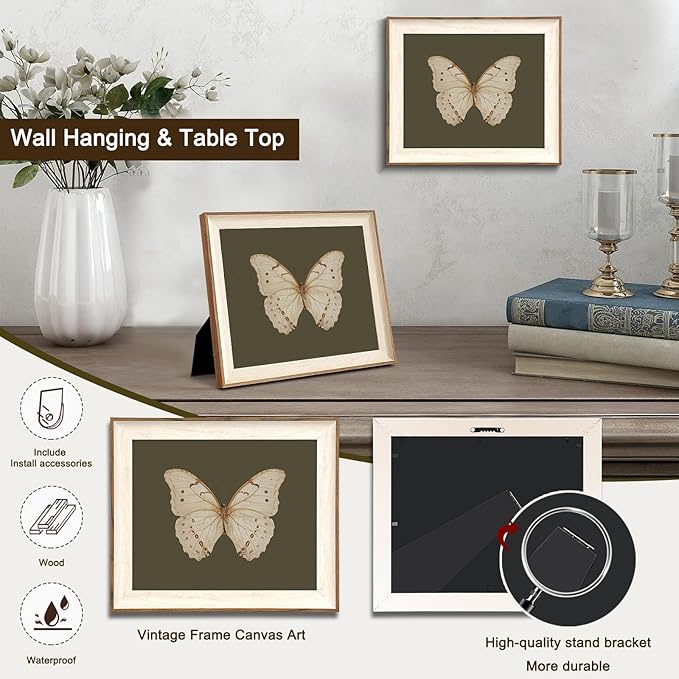 Uniro Vintage Framed Wall Art, Classical Butterfly Oil Paintings, Dark Moody Insect Canvas Prints Artwork with Antique Frame, Saige Green Wall Decor Pictures for Bedroom, Kitchen, Shelf, Bathroom Wall Decor, Cottagecore Room Decor - 10x12Inch