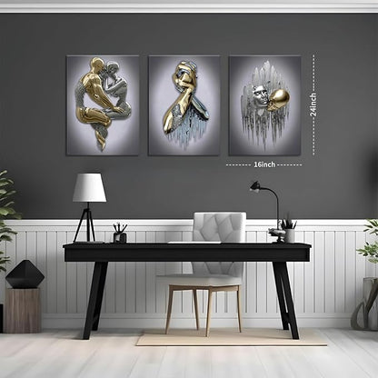 Modern Bedroom Wall Art Set of 3-3D Metal Effect Couple Canvas Paintings Wall Decor, Abstract Figure Statue Art Prints for Living Room Home Decor - 16x24in Framed