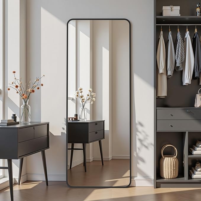 Suidia Full Length Mirror Over the Door&Wall Mounted, 48"x14" Door Mirror with Aluminum Alloy Frame, HD Shatterproof, No-Drill, Hanging Mirrors for Bedroom, Bathroom, Dorm, Closet, Rounded Rect, Black