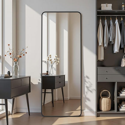 Suidia Full Length Mirror Over the Door&Wall Mounted, 48"x14" Door Mirror with Aluminum Alloy Frame, HD Shatterproof, No-Drill, Hanging Mirrors for Bedroom, Bathroom, Dorm, Closet, Rounded Rect, Black