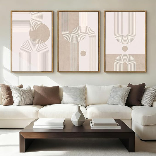ANHUIB Extra Large Neutral Boho Abstract Canvas Wall Art Set of 3 Framed Mid Century Modern Wall Decor Beige Geometric Line Artwork Minimalist Prints 24x36 Inch Painting for Living Room Bedroom Dining Room Office