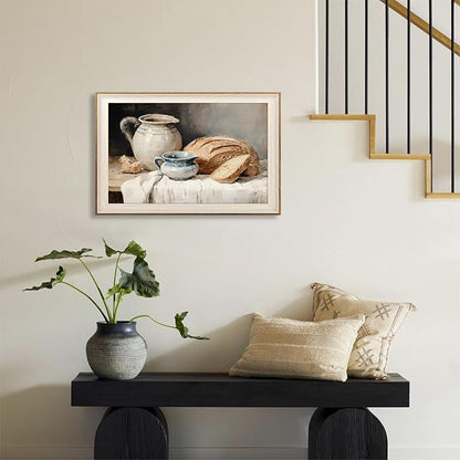 ASTRDECOR Framed Kitchen Wall Art, Modern Muted Still Life Painting Farmhouse Wall Decor, Sourdough Bread Canvas Art Prints, Rustic Jars White Tablecloth Country Wall Decor Living Room-16''x 24''