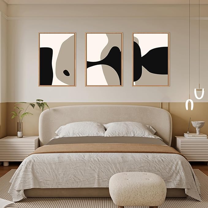 DRACIT Large Neutral Abstract Lines Framed Canvas Wall Art Set,Minimalist Black Beige Brown Wall Decor,Modern Mid Century Geometric Blocks Artwork for Living Room,Bedroom,Office-16 x24 x3