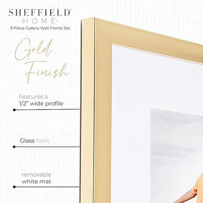 Sheffield Home 9 Piece Gallery Wall Frame Set, 12x12 in. Matted to 8x8 in. (Gold)