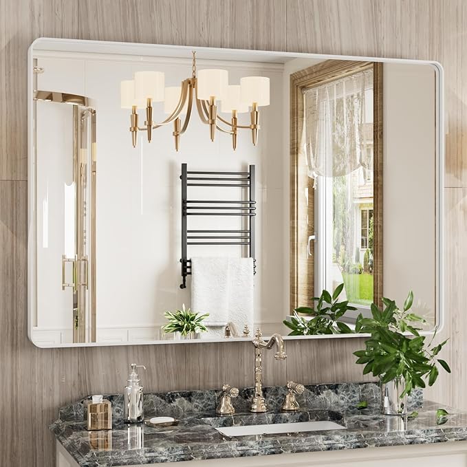 JISOSO White Bathroom Mirror 48x32 Inch, White Metal Framed Bathroom Mirror for Wall, Rounded Rectangle Matte Bathroom Vanity Mirror, Tempered Glass, Anti-Rust, Horizontal/Vertical
