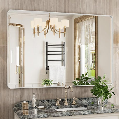 JISOSO White Bathroom Mirror 48x32 Inch, White Metal Framed Bathroom Mirror for Wall, Rounded Rectangle Matte Bathroom Vanity Mirror, Tempered Glass, Anti-Rust, Horizontal/Vertical