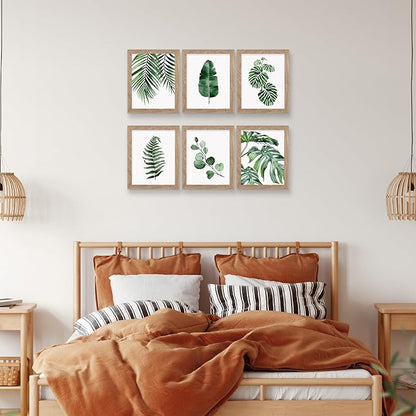 Framed Botanical Wall Art Prints Set of 6 - Tropical Leaves Canvas With Frame, Plant Leaf Boho Pictures, Green Art Posters for Bedroom (Leaf Wall Art, 8"x10" Framed)