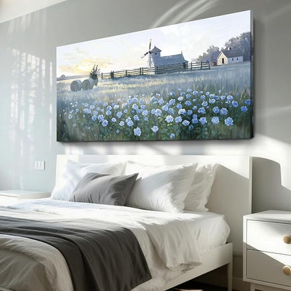 amatop Oversize Pastoral-Style Living Room Wall Art, Blue Farm Windmill Canvas Print Picture, Natural Plant And Flower Field Artwork For Bedrooms, Studies, Offices, And Dining Rooms. 58X29 Inches.
