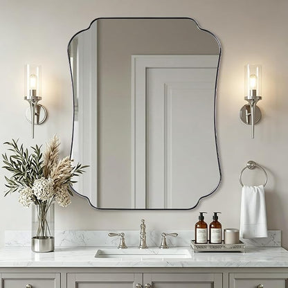 ANDY STAR Chrome Bathroom Mirror 24x30 Inches, Modern Scalloped Wall Mirror with Distinctive Notched Edge Stainless Steel Frame for Hallway, Lounge and Vanity Area