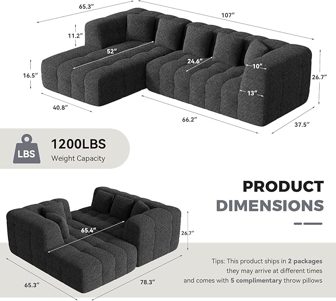 107" Modern Boneless Couch with L - Shaped Chaise, Comfy Chenille Modular Sectional Sofa with Tufted Design, Deep Seat Upholstered Sofa Bed, No - Assembly Sectional Couch, Black