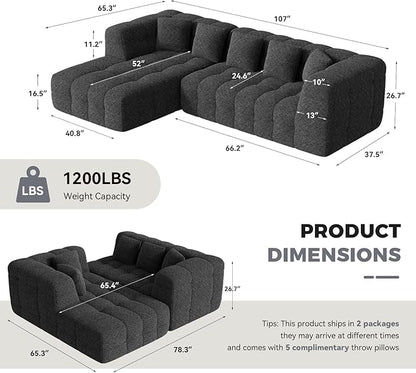 107" Modern Boneless Couch with L - Shaped Chaise, Comfy Chenille Modular Sectional Sofa with Tufted Design, Deep Seat Upholstered Sofa Bed, No - Assembly Sectional Couch, Black