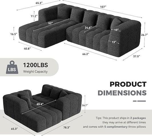 107" Modern Boneless Couch with L - Shaped Chaise, Comfy Chenille Modular Sectional Sofa with Tufted Design, Deep Seat Upholstered Sofa Bed, No - Assembly Sectional Couch, Black