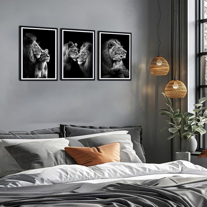 Black White Lion Family Framed Canvas Wall Art Set of 3 Majestic Lion Pride Decor for Office Nursery Living Room Bedroom African Wildlife Animals Print Artwork Wall Decor Easy to Hand 12x16inchx3pcs