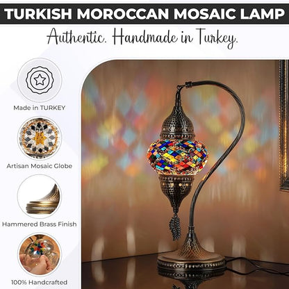 DEMMEX Turkish Moroccan Table Lamp, Swan Neck Tiffany Style Mosaic Glass Table Desk Bedside Lamp for Bedroom, Living Room – Handcrafted in Turkey, Amber Brown