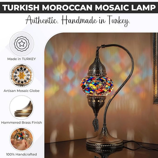 DEMMEX Turkish Moroccan Table Lamp, Swan Neck Tiffany Style Mosaic Glass Table Desk Bedside Lamp for Bedroom, Living Room – Handcrafted in Turkey, Lilac