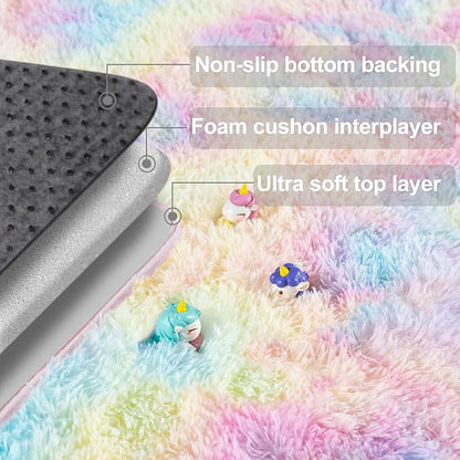 qulint 5x7 Fluffy Area Rug for Bedroom, Fuzzy Soft Kids Rug for Girl Plush Rainbow Living Room Carpet Shaggy Carpets for Dorm Classroom Nursery Home Decor Aesthetic (5ft x 7ft, Rainbow)