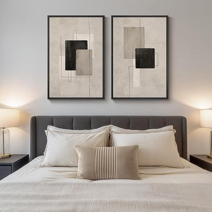 Large Framed Neutral Abstract Wall Art for Living Room, Set of 2 Black and Beige Modern Canvas Prints Paintings Artwork for Walls, Minimalist Block Lines Pictures for Hallway Office Wall Decor 24x36 In