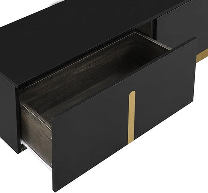 Modern Light Luxury TV Stand and Coffee Table Set of 2, Modern TV Console,Wood Center Tables with Spacious Top, Storage Cabinet & Open Adjustable Shelves for Living Room, Black