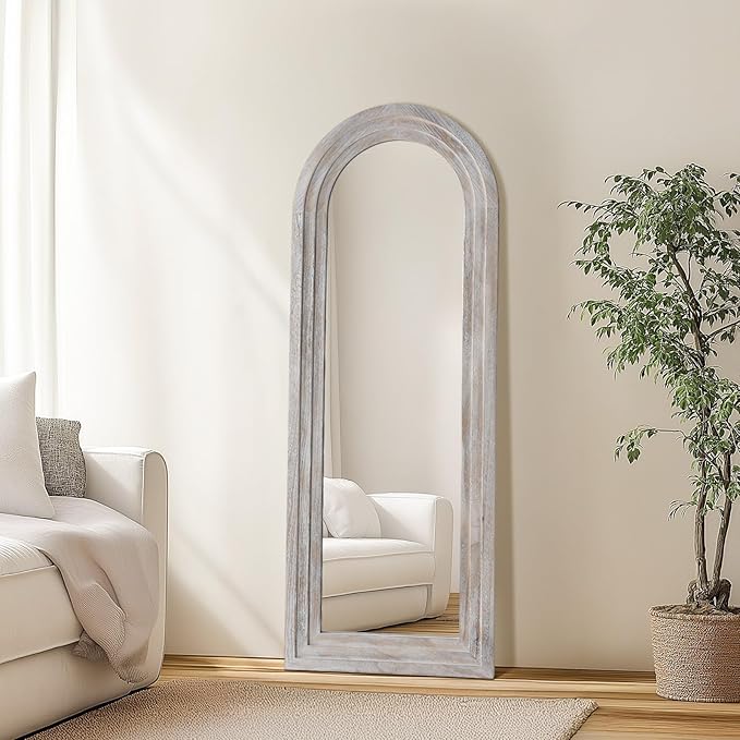 MELOMOIR Arched Full Length Mirror with Solid Wood Frame, 56"x21" Rustic Farmhouse Floor Mirror with Stand, Free Standing Leaning Hanging, for Bedroom Living Room Dressing Room, Distressed White